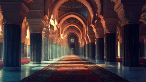 Sunlit arches illuminate a richly patterned mosque interior.