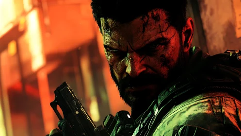 Battle-hardened soldier in neon-lit firefight close-up.