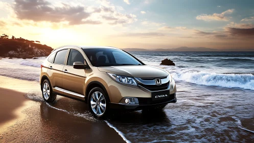 Gold crossover SUV parked on wet coastal beach shoreline.