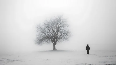 Solitary tree and lone person stand in dense winter fog