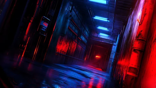 Tilted industrial corridor shows red and blue neon lighting