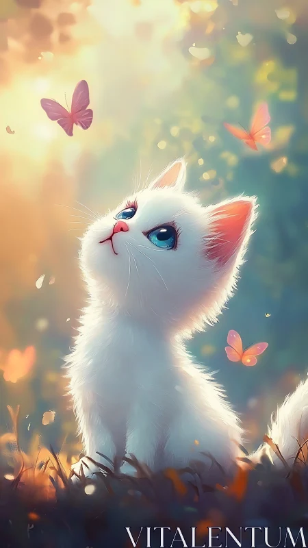 Whimsical White Kitten Mesmerized by Pastel Butterfly Dance.