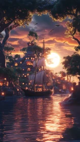 Moonlit river galleon enters lantern-lit cliff haven.