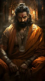 Seated figure in ornate orange robes faces forward in dim light