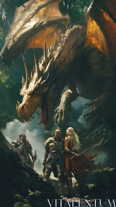 Adventurers confronted by a dragon in dense forest scene.