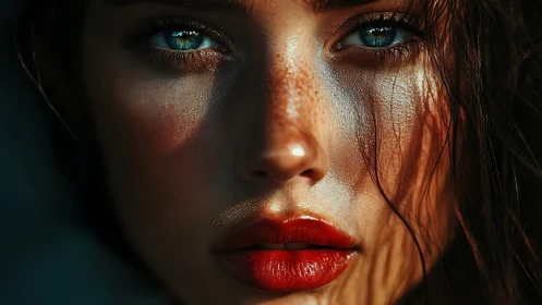 Hyperreal portrait with teal eyes and molten sunlight