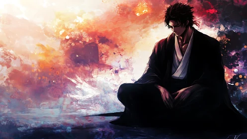 Stormlit Ronin in Quiet Meditation Beside Painted Horizons.