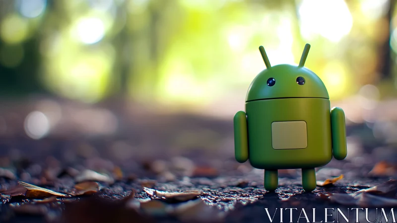 Little green android strolls through dreamy forest bokeh