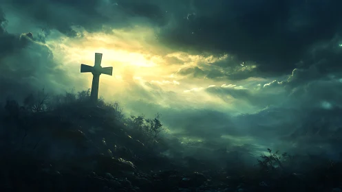 Backlit stone cross silhouettes against storm-laminated valley atmosphere