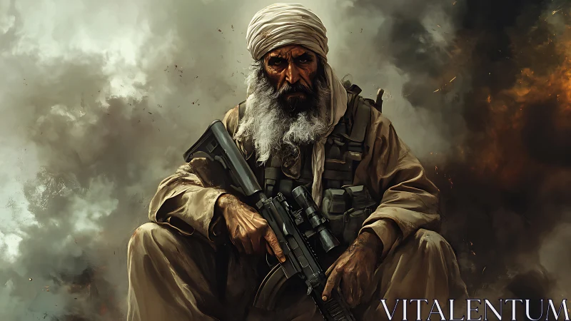 Militant elder with rifle amid dense explosive smoke field.