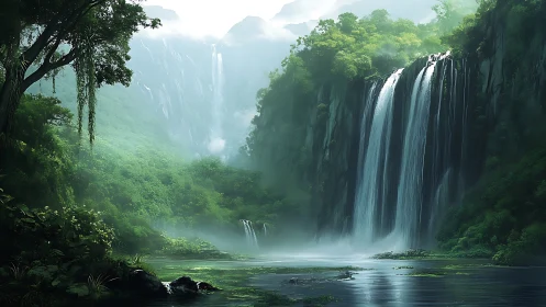Hydrologic cascade across misted cliffs in luminous jungle.