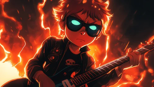 Cool kid guitarist in glowing fiery rock concert scene.