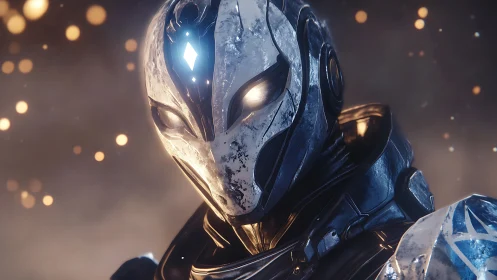 Luminous armored android gazes ahead with quiet resolve tonight