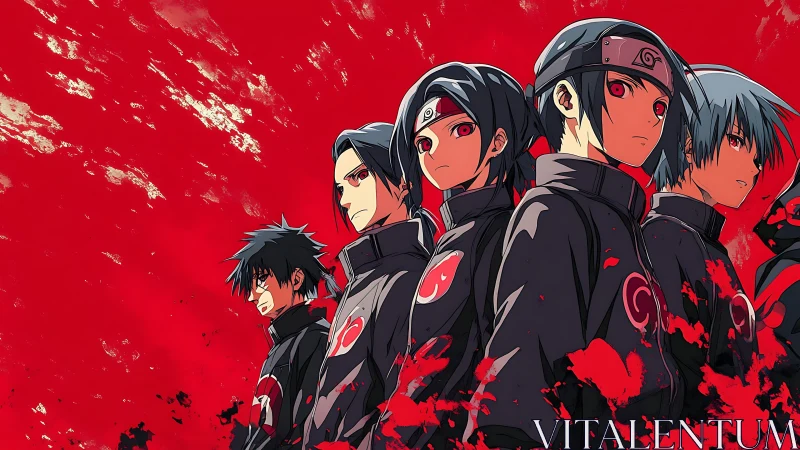 Scarlet-eyed shinobi squad marching through painted fury.