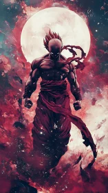 Celestial warrior ascends against full moon in dynamic hues