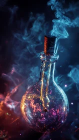Glowing glass potion flask amid swirling neon smoke.