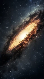 Luminous spiral galaxy core glows through dark dust bands.