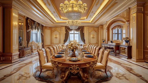 Formal gold-trimmed palace dining room interior design.
