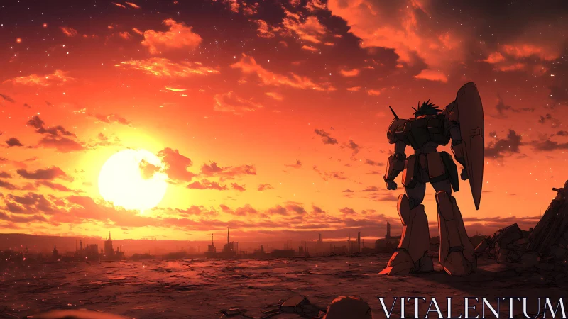 Solitary mech greeting a blazing sci fi sunset horizon.
