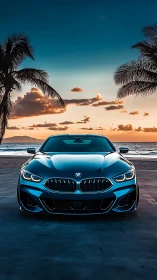 Sunset trophy coupe idling between laid‑back palm sentries.