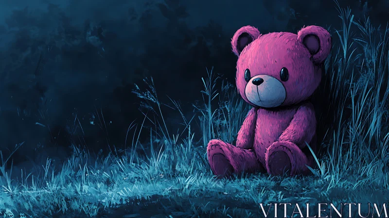 Nocturnal scene depicts pink plush bear in rim‑lit grass verge