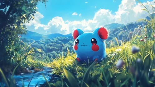 Luminous blue creature in hyperreal meadow lightscape.