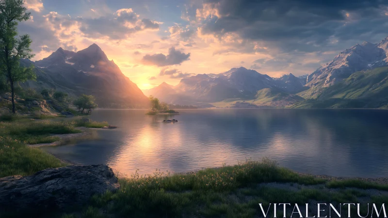 Mountain lake at sunset with calm water and soft light.