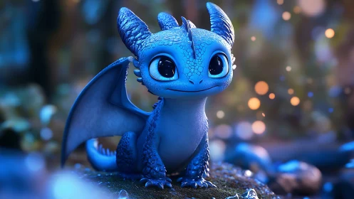 Cute blue baby dragon rendered in glowing forest light.