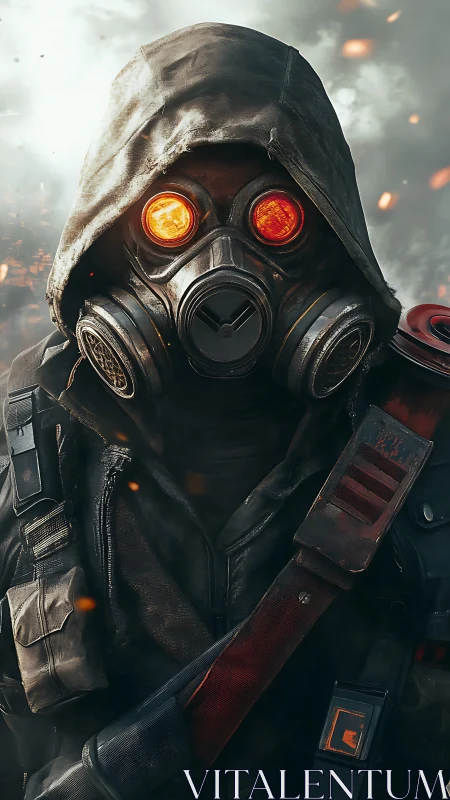 Hooded wasteland wanderer with glowing mask and quiet resolve.