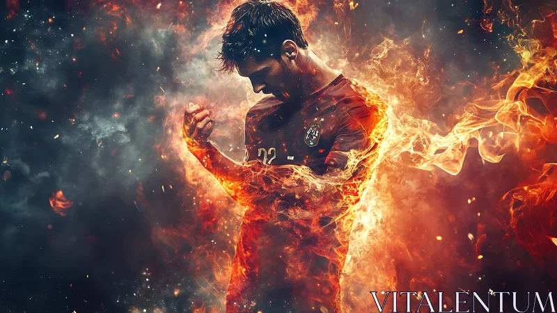 Male footballer in fiery visual effect with smoke field.