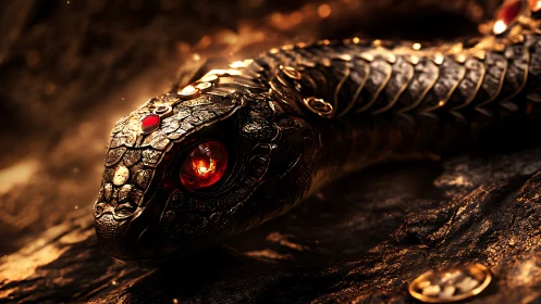 Gem-encrusted mechanical serpent with molten core eye detail