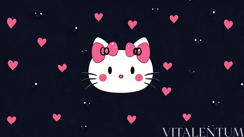 Cute white cat head with pink hearts on dark background.