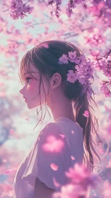 Side profile anime girl among soft pink blossoms.