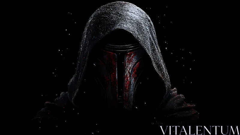 Mysterious hooded warrior waits in darkness with quiet power