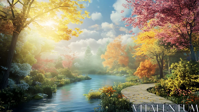 Sunlit riverside garden glows with vibrant autumn colors