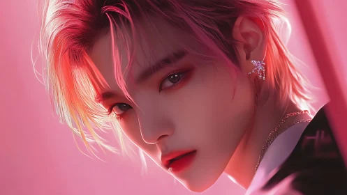 Hyperreal digital portrait of pink-lit androgynous youth profile