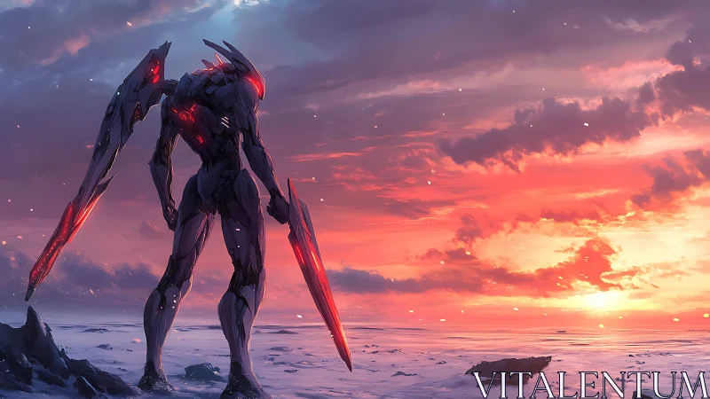 Cybernetic mech stands on icy shore facing vivid sunset