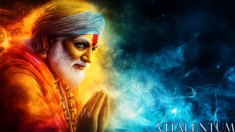 Mystic elder portrait merges warm aura with cool ethereal smoke