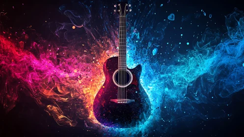 Guitar glowing between fire and ice in a burst of color.