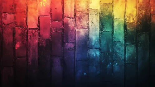 Radiant colored brick wall glows with a warm rainbow gradient