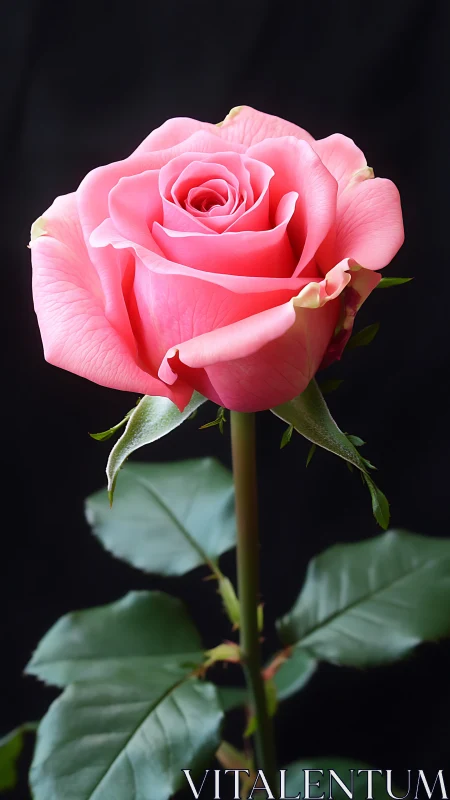 Single pink rose in sharp focus on dark black background.