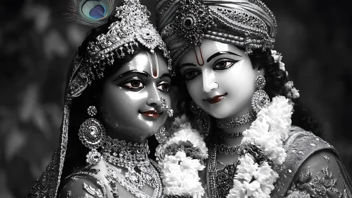 Divine couple statues with jeweled crowns and floral garlands.