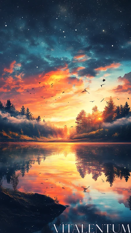 Astrophysical dusk over reflective forest lake horizon plane.