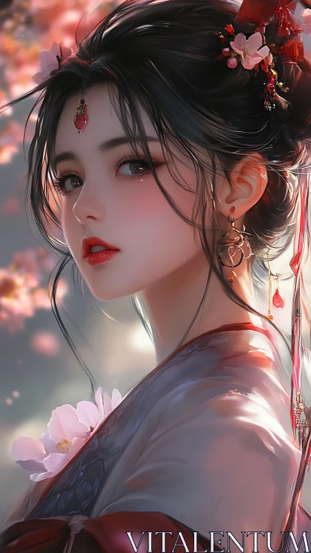 Blossom-veiled maiden gazes through drifting spring light.