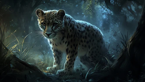 Snow leopard stands in dark forest environment with filtered light