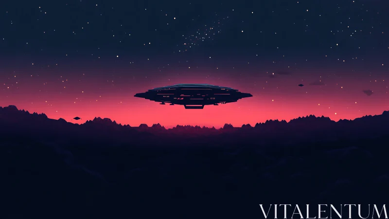 Futuristic starship over neon dusk mountainscape horizon.