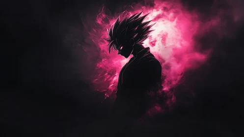 Silhouetted anime warrior contrasts against magenta energy vortex
