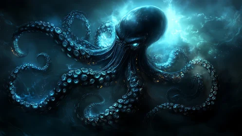 Bioluminescent octopus creature dominates dark ocean scene