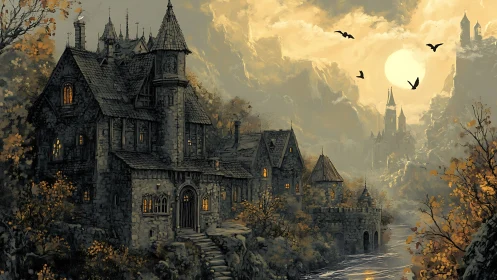 Haunted riverside manor glows beneath a vast autumn moon.