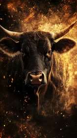 Fiery bull strides through glowing embers with powerful calm